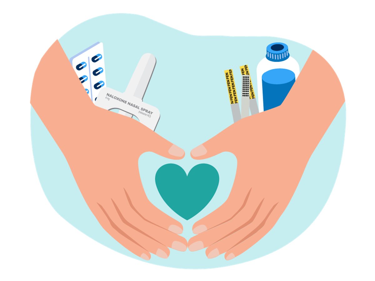 mobile-harm-reduction-units Illustration of two hands forming a heart around naloxone nasal spray, fentanyl test strips, and other harm reduction supplies