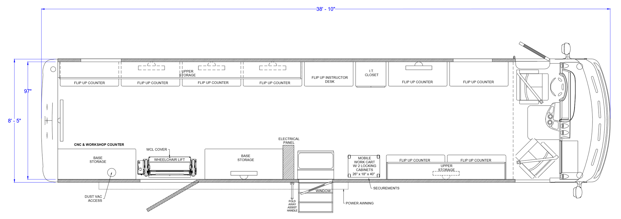 Sample 38 ft mobile STEM lab floorplan with flip-up counters, an instructor desk, a CNC and workshop counter, and a wheelchair lift