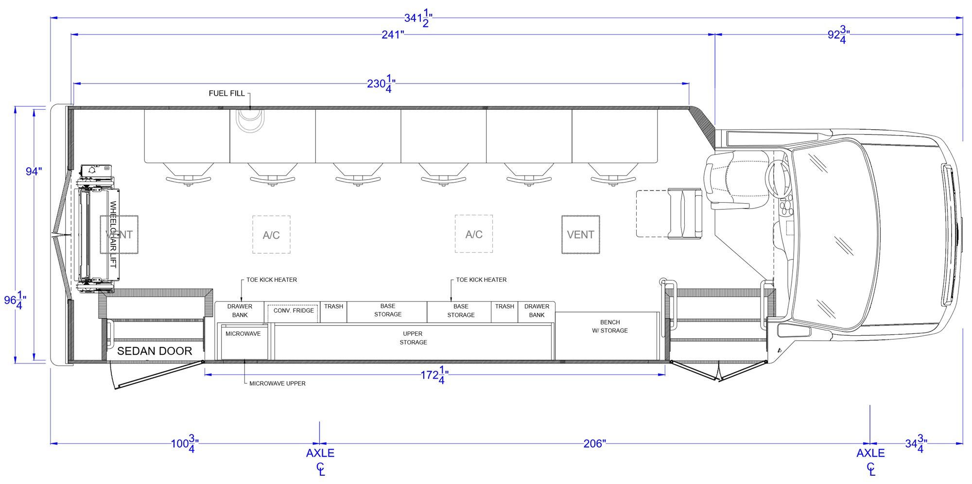 Sample vehicle floorplan with six workstations along one wall, base storage, and a wheelchair lift