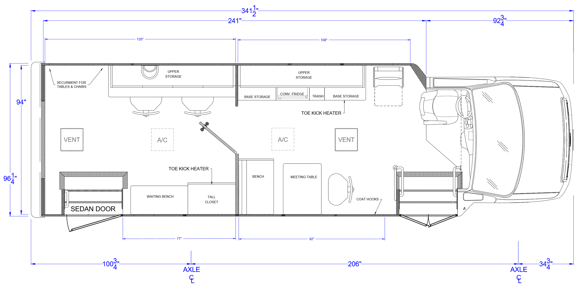 Sample vehicle floorplan with two workstations, a meeting table, a waiting bench, and storage