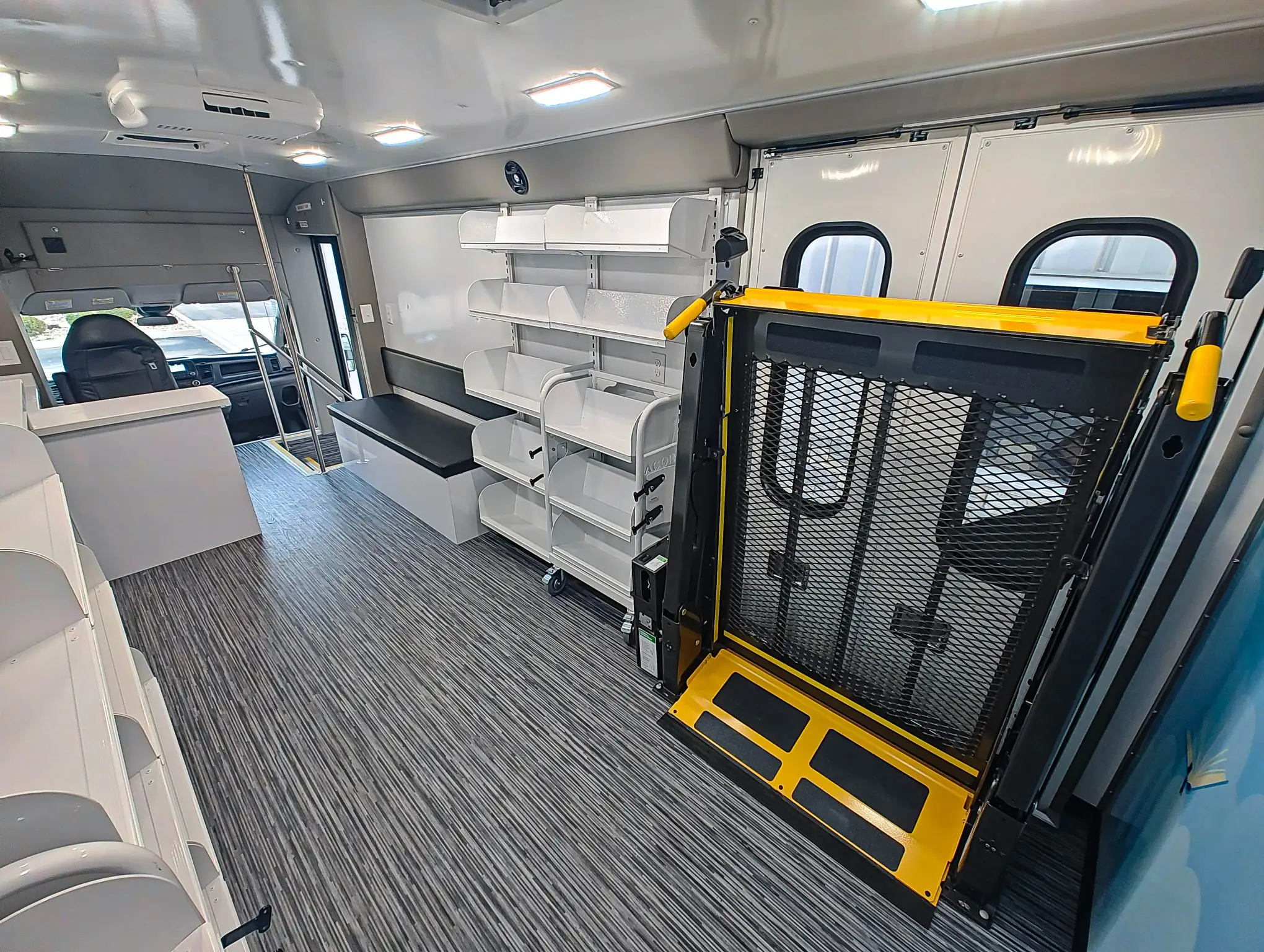 Interior of a Ford Transit Bookmobile for sale