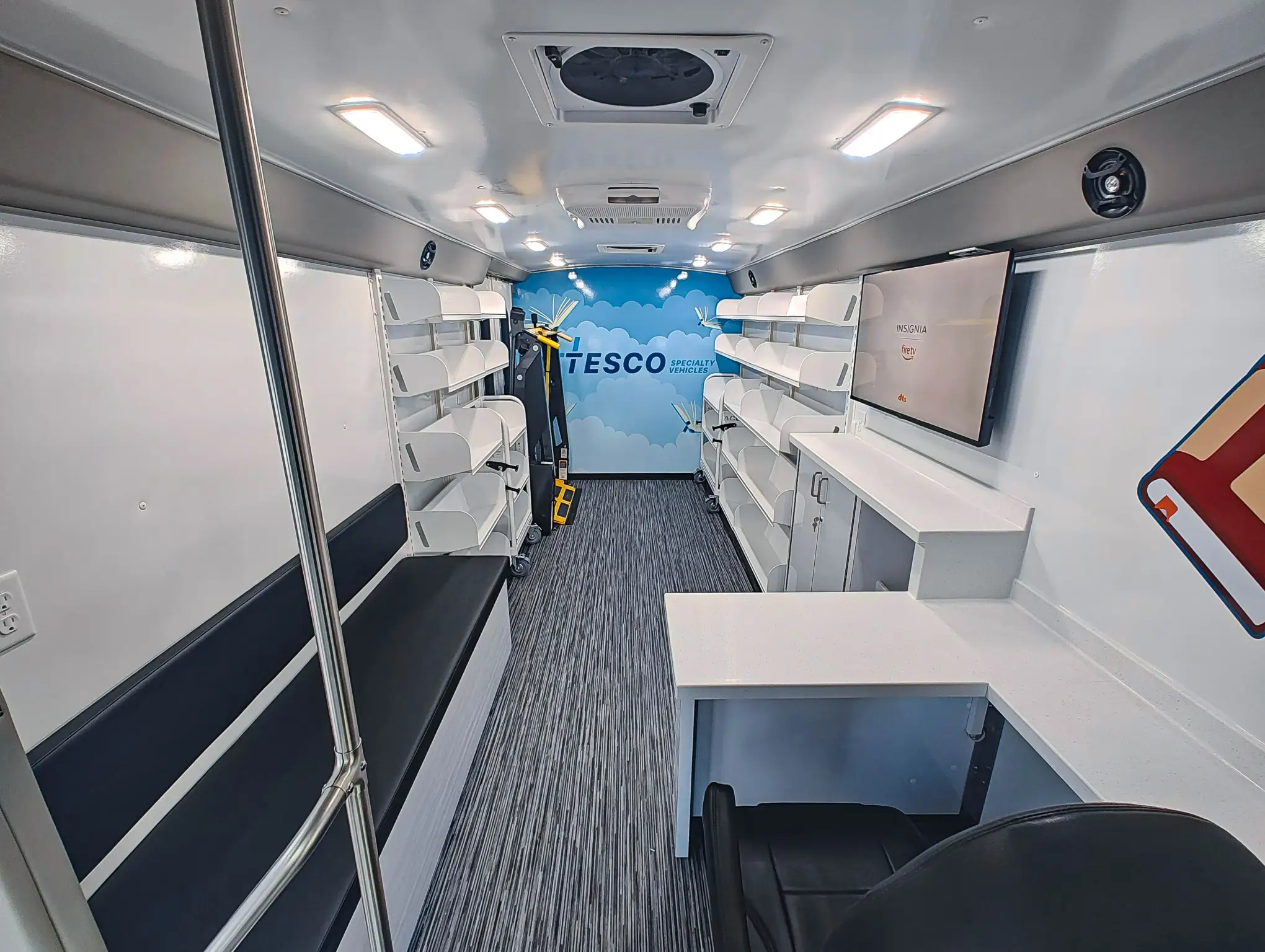 Interior of a Ford Transit Bookmobile for sale