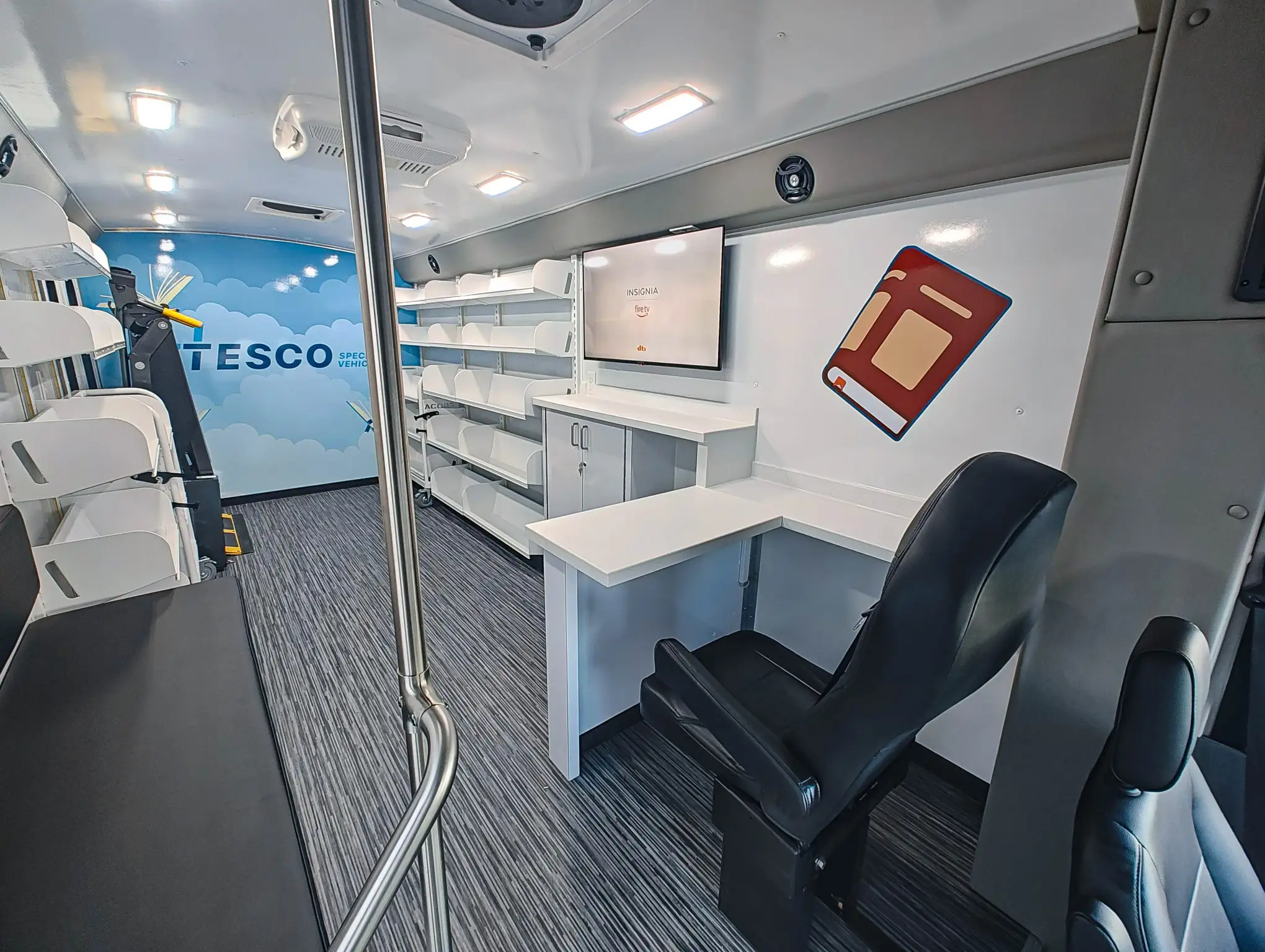 Interior of a Ford Transit Bookmobile for sale
