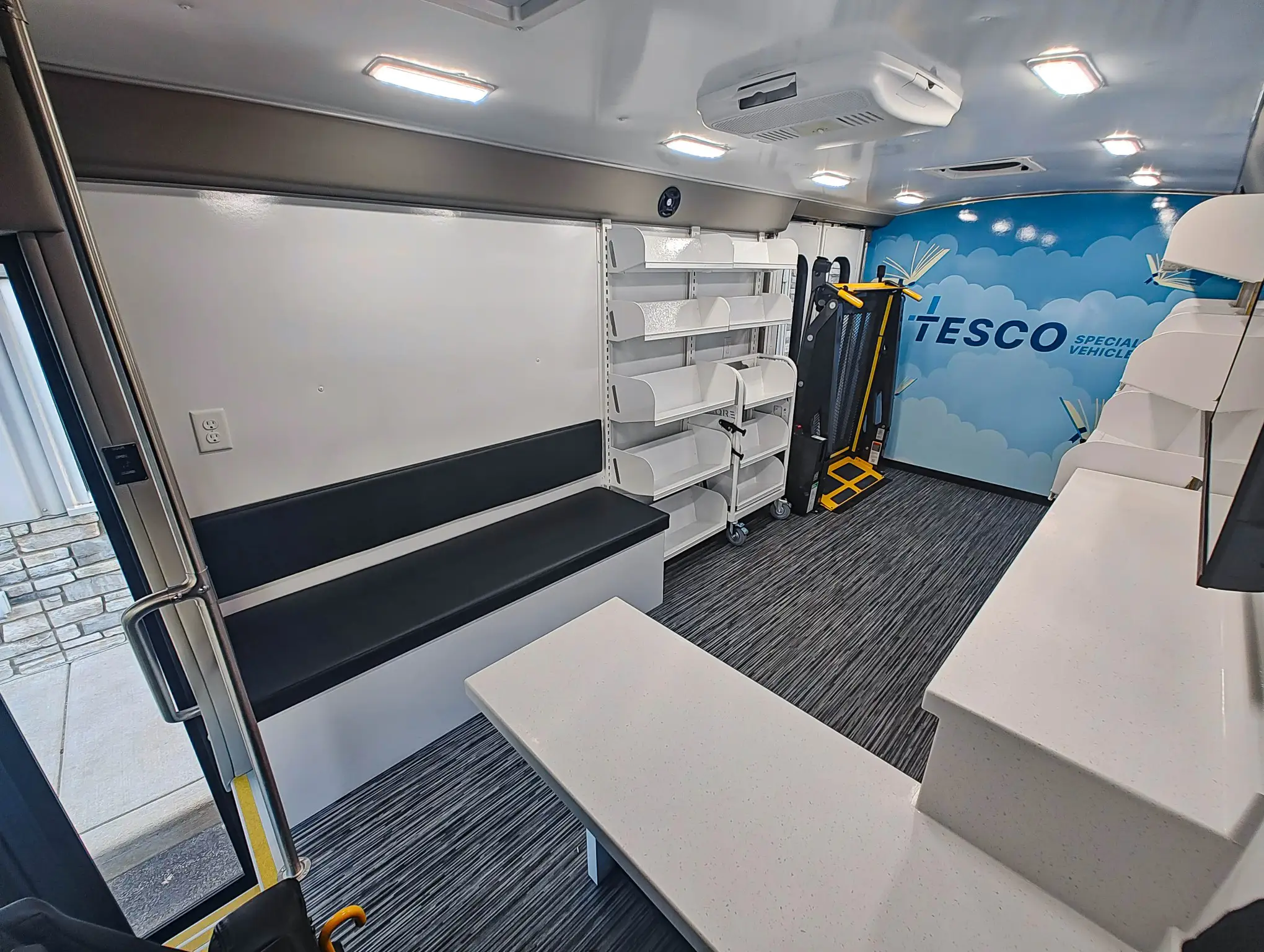 Interior of a Ford Transit Bookmobile for sale